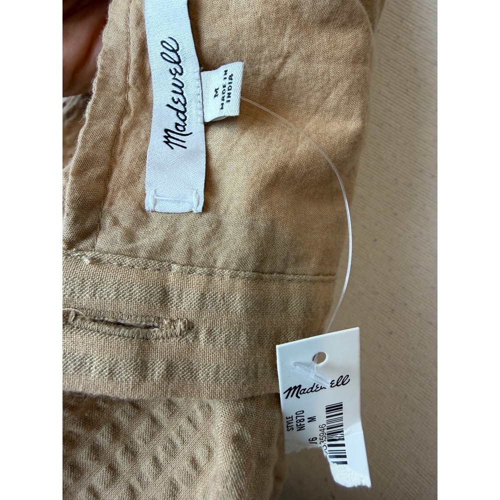 Madewell Seersucker Mini Dress Medium NWT Tan Puff Sleeve Cut Out NF870 - Picture 4 of 16
